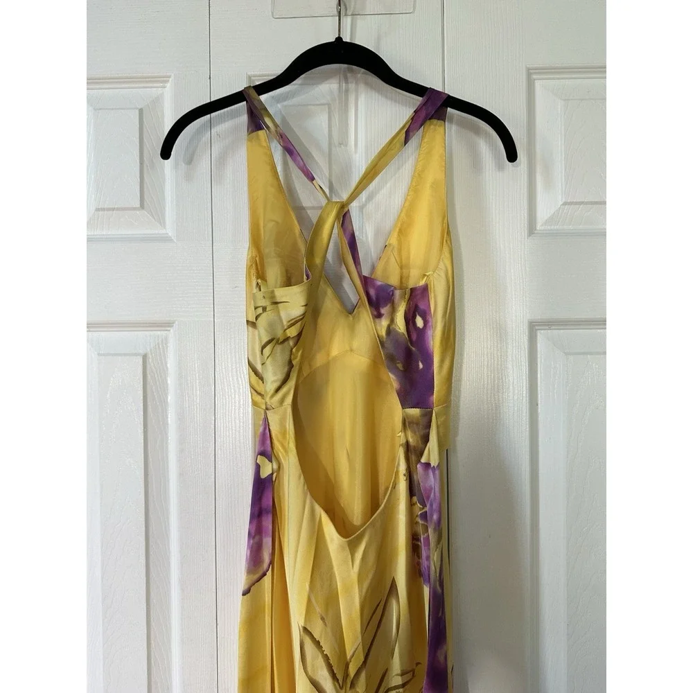 Vintage Cache Yellow Satin Halter Evening Formal Gown Floral Size 2 USA